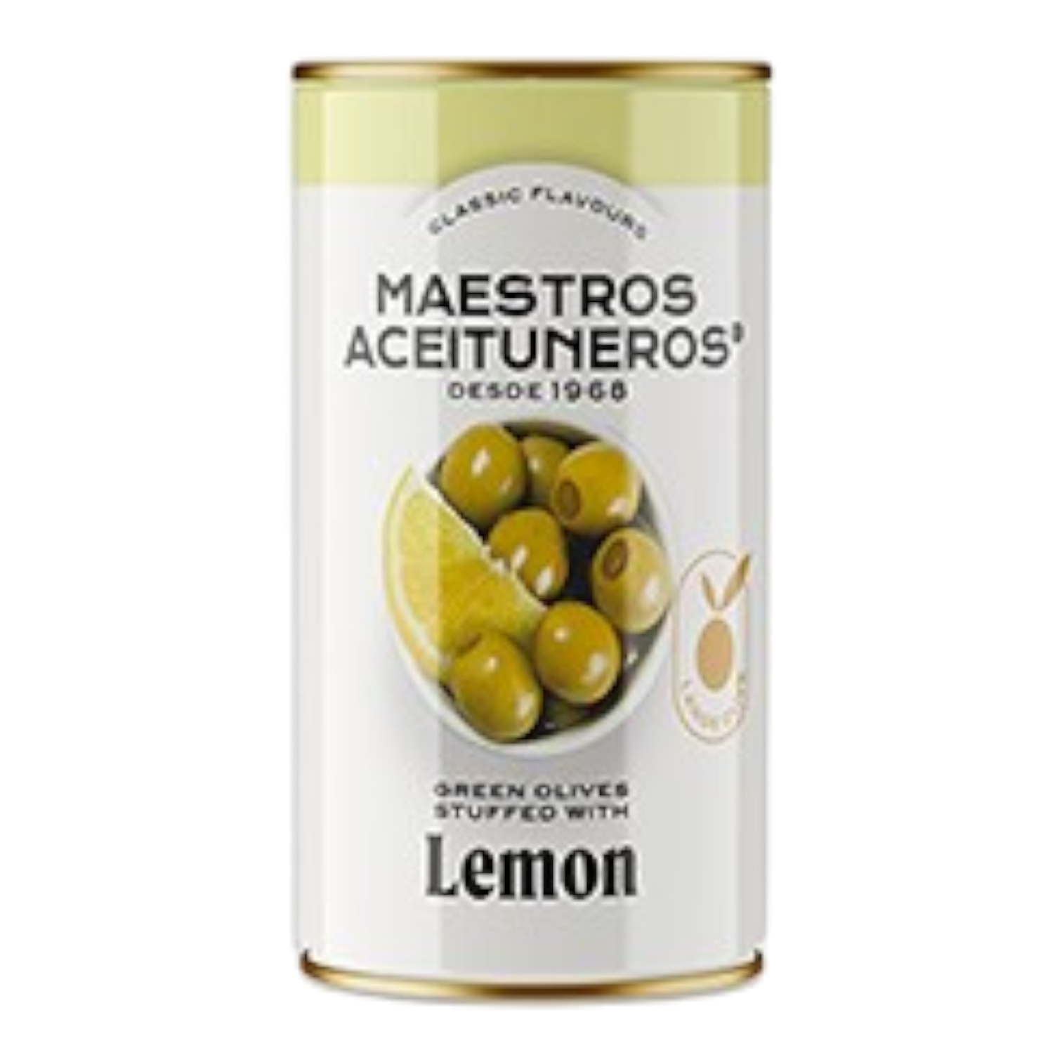 The Artisan Cheese Room Maestros Aceituneros green olives stuffed with lemon in a white tin can