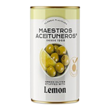 The Artisan Cheese Room Maestros Aceituneros green olives stuffed with lemon in a white tin can