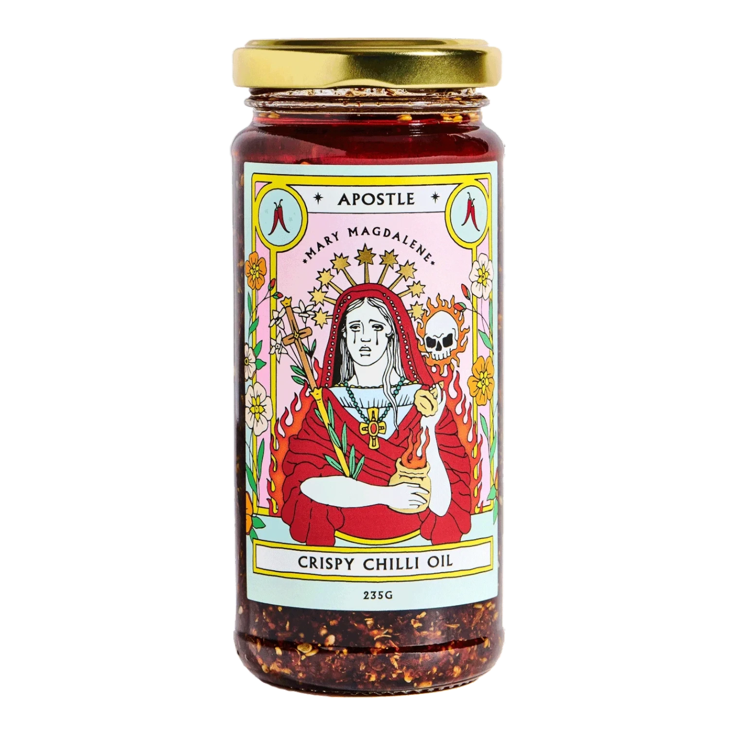The Artisan Cheese Room Apostle Mary Magdalene crispy chilli oil in a glass jar with vibrant religious art label