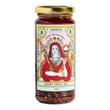 The Artisan Cheese Room Apostle Mary Magdalene crispy chilli oil in a glass jar with vibrant religious art label