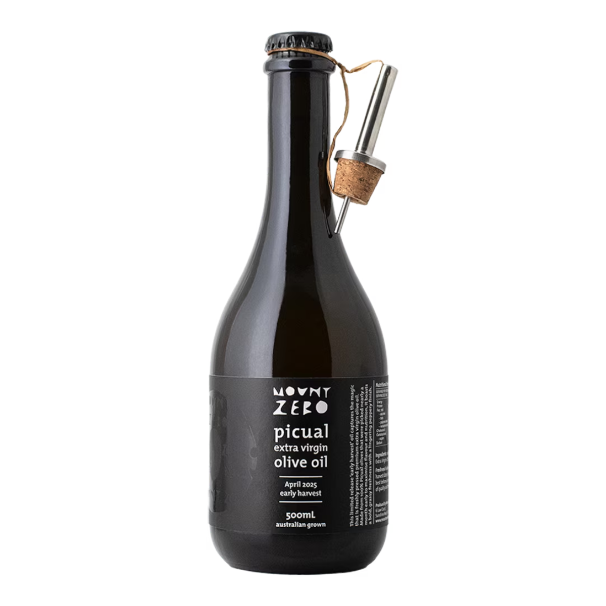 The Artisan Cheese Room Mount Zero Picual extra virgin olive oil in a dark glass bottle with a metal pourer attached.