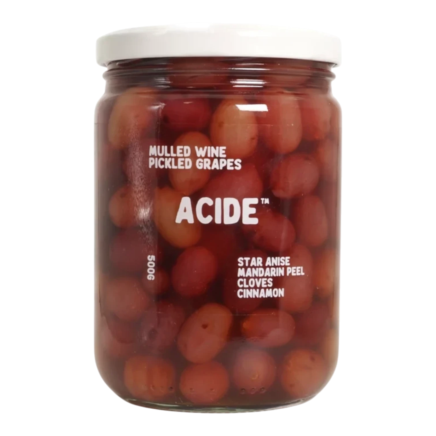 The Artisan Cheese Room Acide mulled wine pickled grapes in a 500g glass jar with spices like cinnamon and star anise.