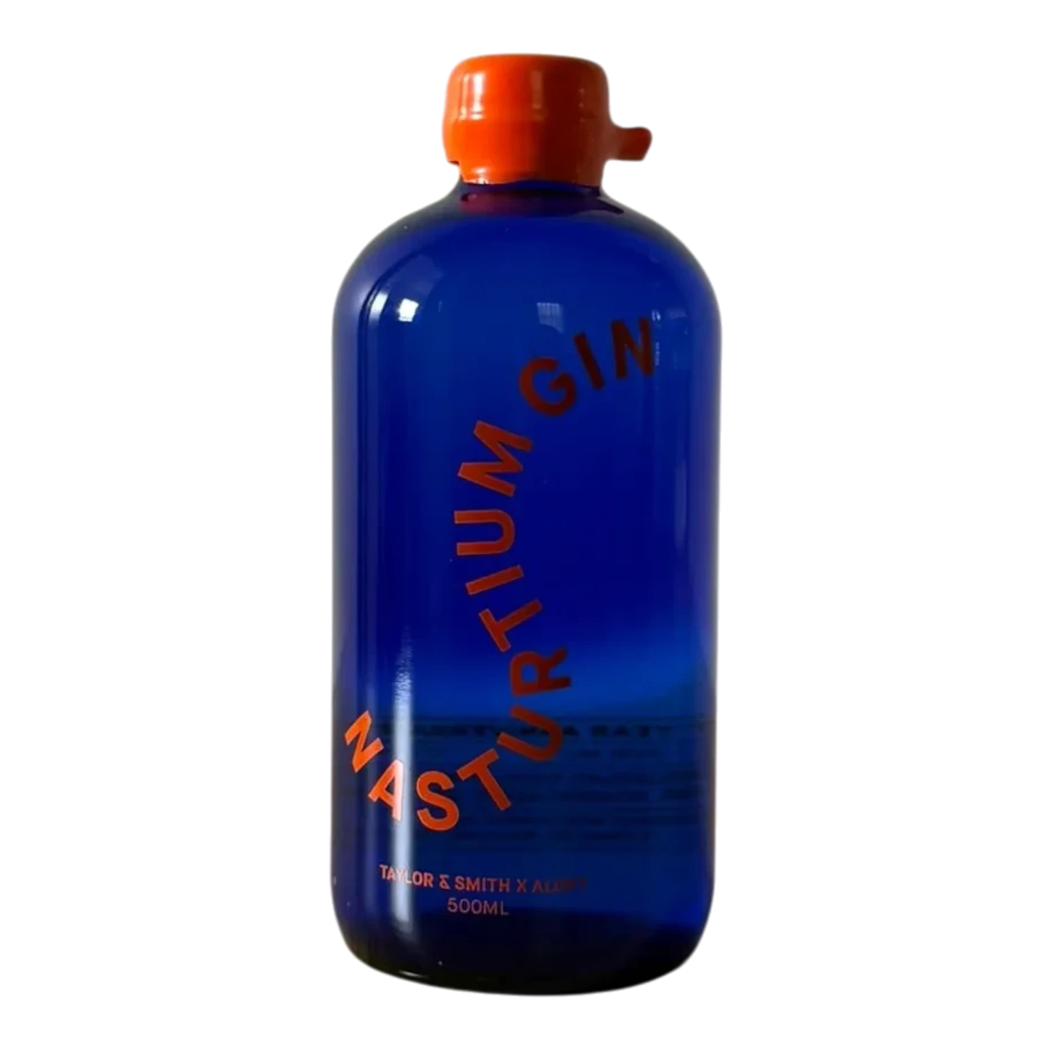 The Artisan Cheese Room Taylor & Smith Nasturtium Gin in a vibrant blue glass bottle with an orange cap.