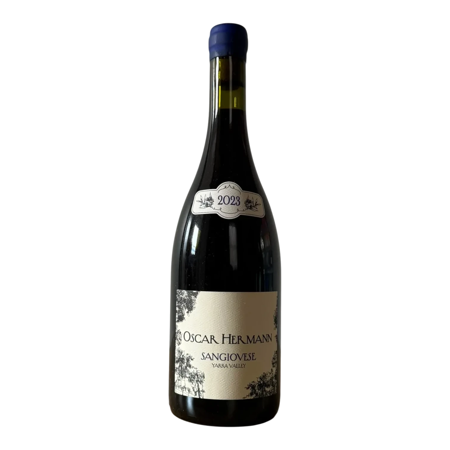 The Artisan Cheese Room Oscar Hermann Estate Sangiovese 2023 red wine bottle with a blue wax seal on a wooden table.