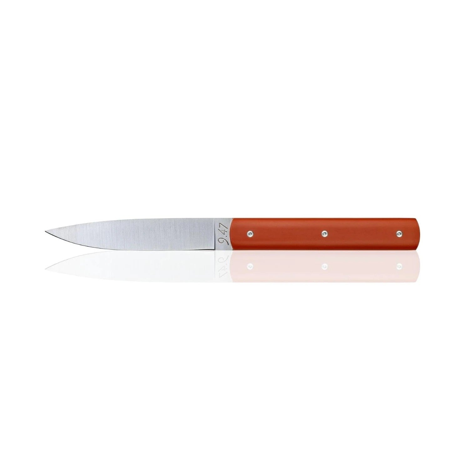 The Artisan Cheese Room Perceval 9.47 table knife with a vibrant orange polyacetal handle and stainless steel blade.