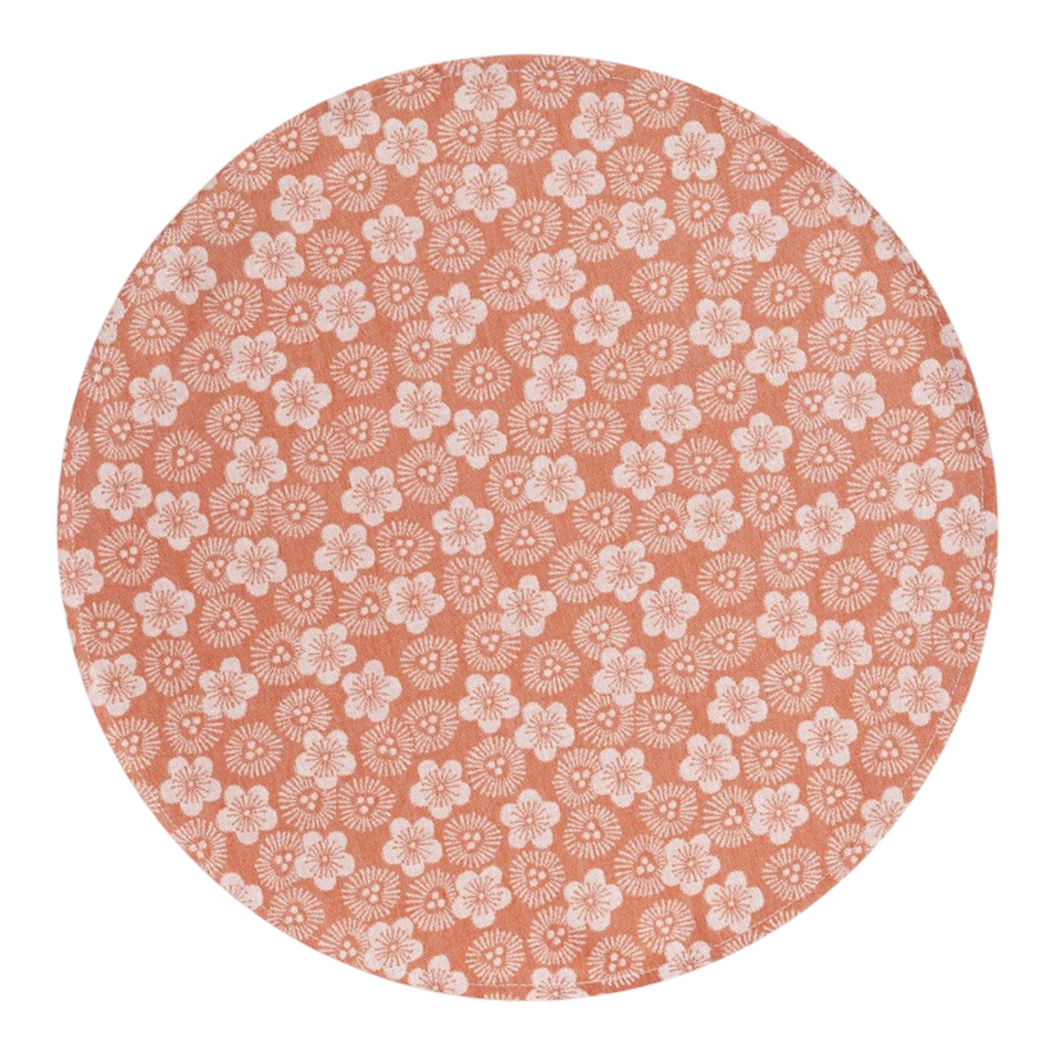 The Artisan Cheese Room Le Jacquard Francais round pink placemat with white Japanese kimono-inspired floral pattern.