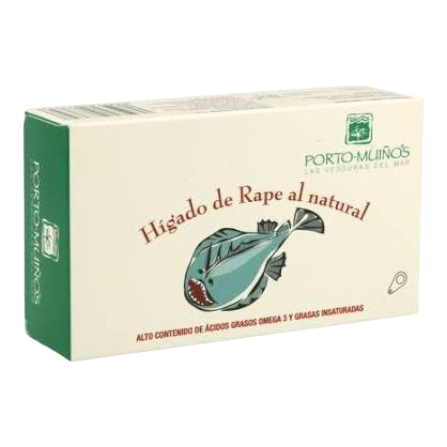 The Artisan Cheese Room Porto-Muiños monkfish liver in a white and green rectangular box with fish illustration