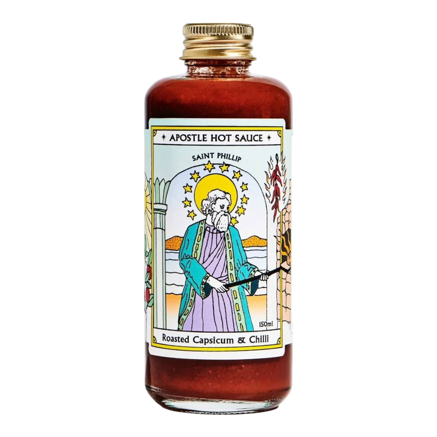 The Artisan Cheese Room Apostle Saint Phillip roasted capsicum and chilli hot sauce in a 150ml glass bottle.