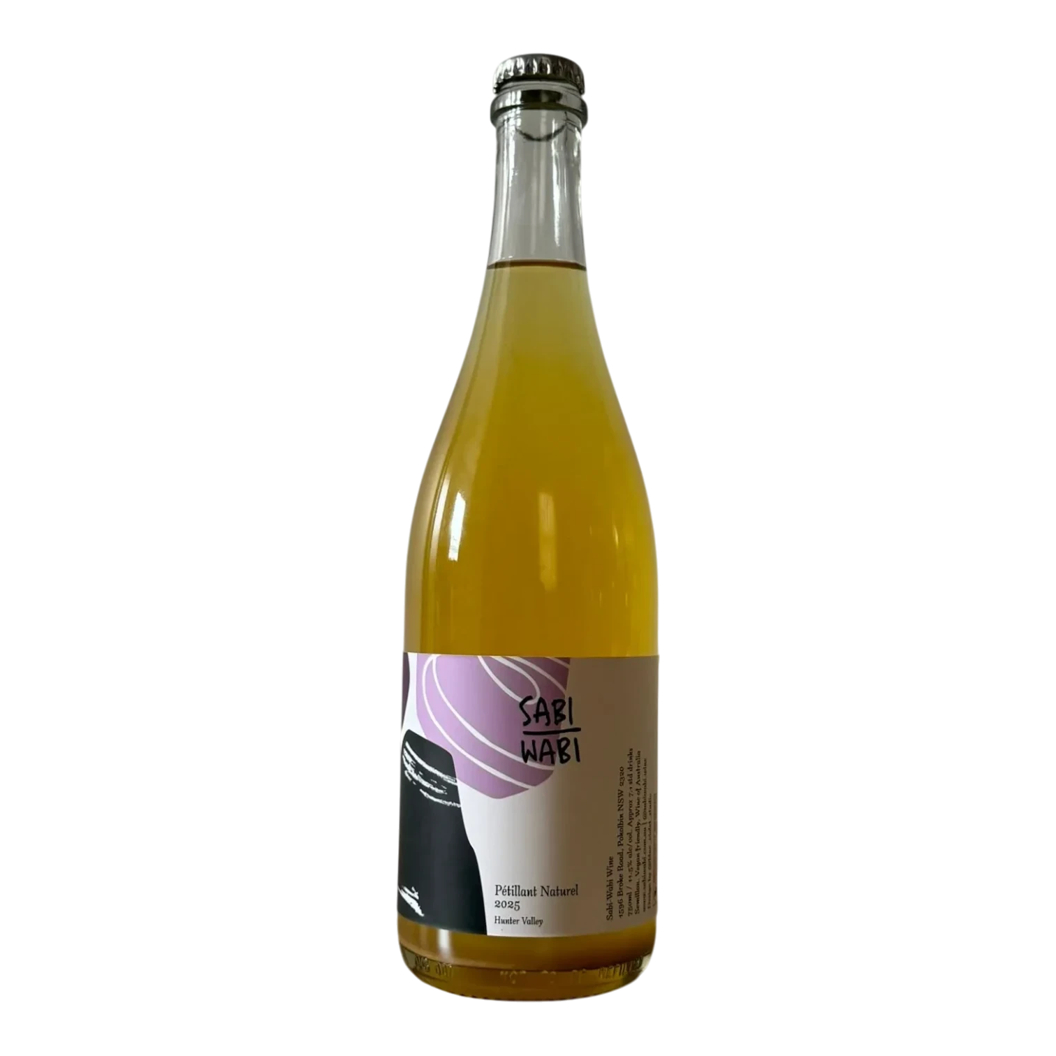 The Artisan Cheese Room Sabi Wabi 2025 Pétillant Naturel wine bottle with a purple and black abstract label