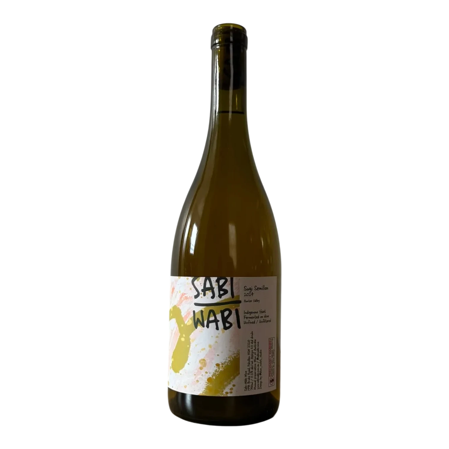 The Artisan Cheese Room Sabi Wabi Sugi Semillon 2024 white wine bottle with artistic label on a wooden surface
