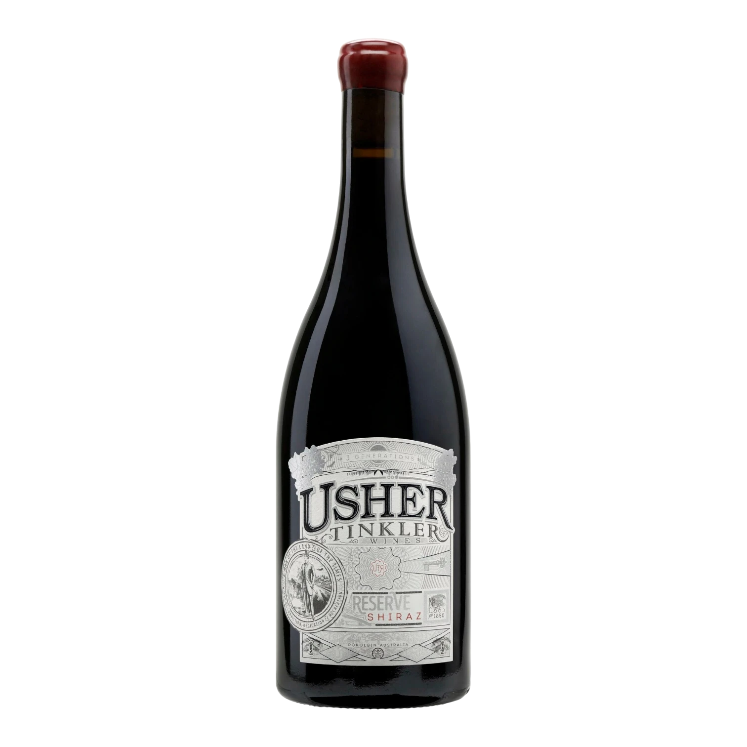 The Artisan Cheese Room Usher Tinkler Reserve Shiraz 2022 bottle with a silver label and red wax seal