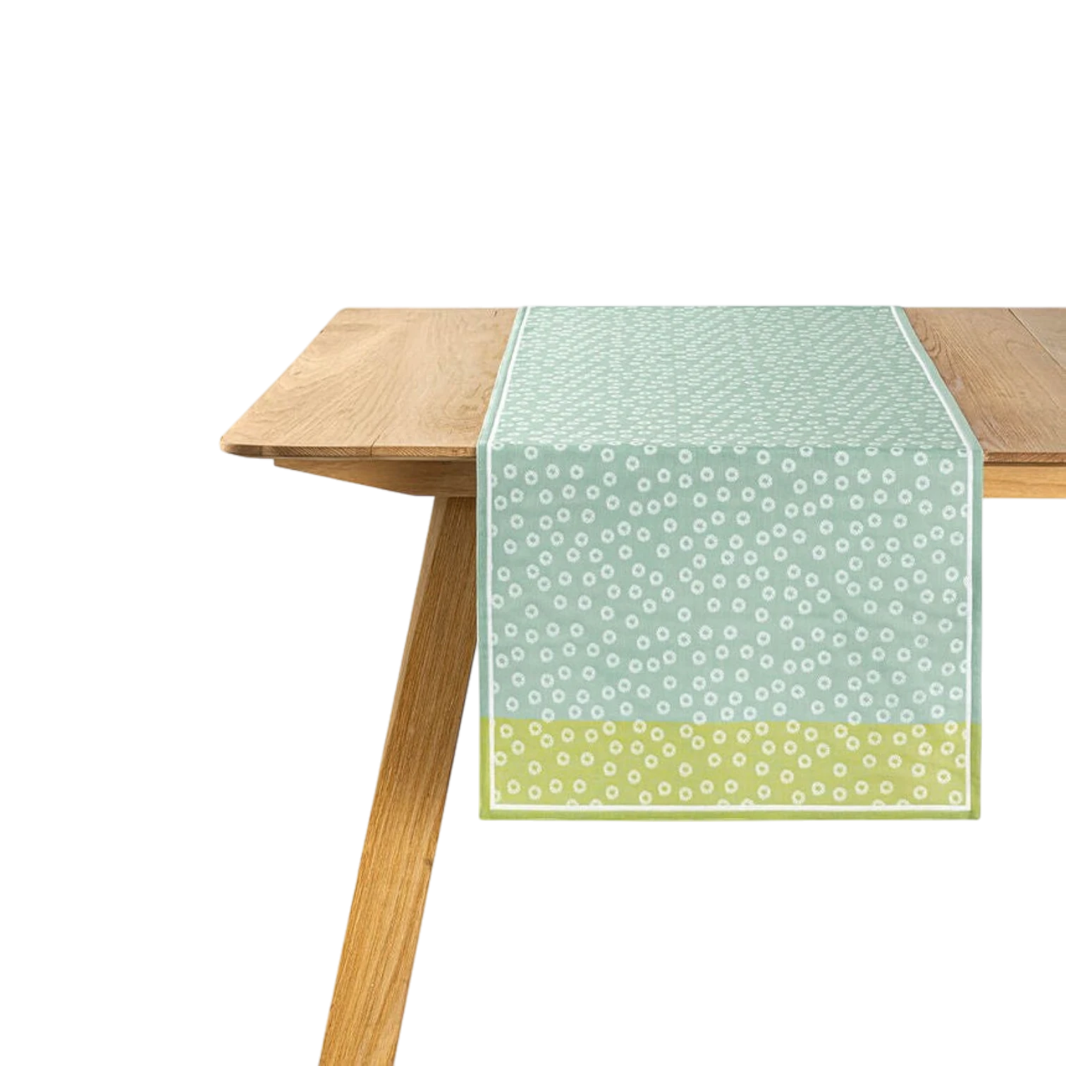 The Artisan Cheese Room Le Jacquard Francais Wagara green cotton table runner with Japanese-inspired floral motifs.